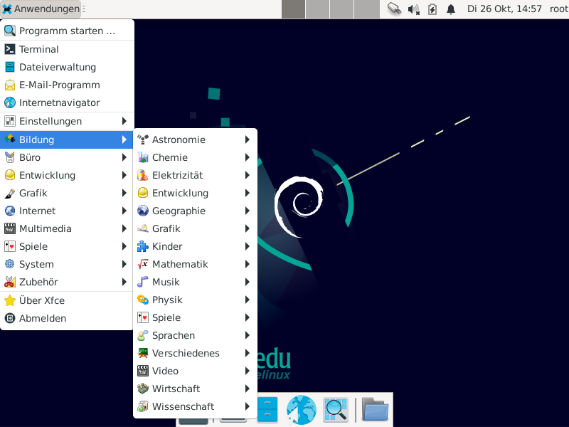 Ansicht des ausgeklappten Anwendungsmen&uuml;s bei DebianEdu