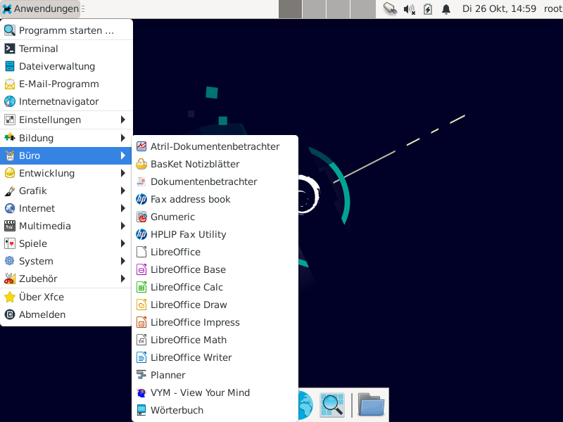 Ansicht des ausgeklappten Anwendungsmen&uuml;s bei DebianEdu
